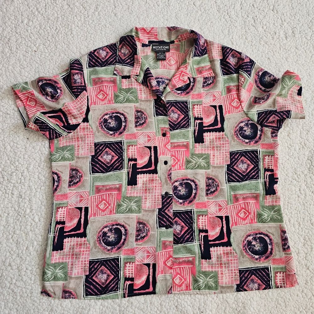 Vintage 1990s Notations Patchwork Button Up Short Sleeve Shirt / Abstract Patter